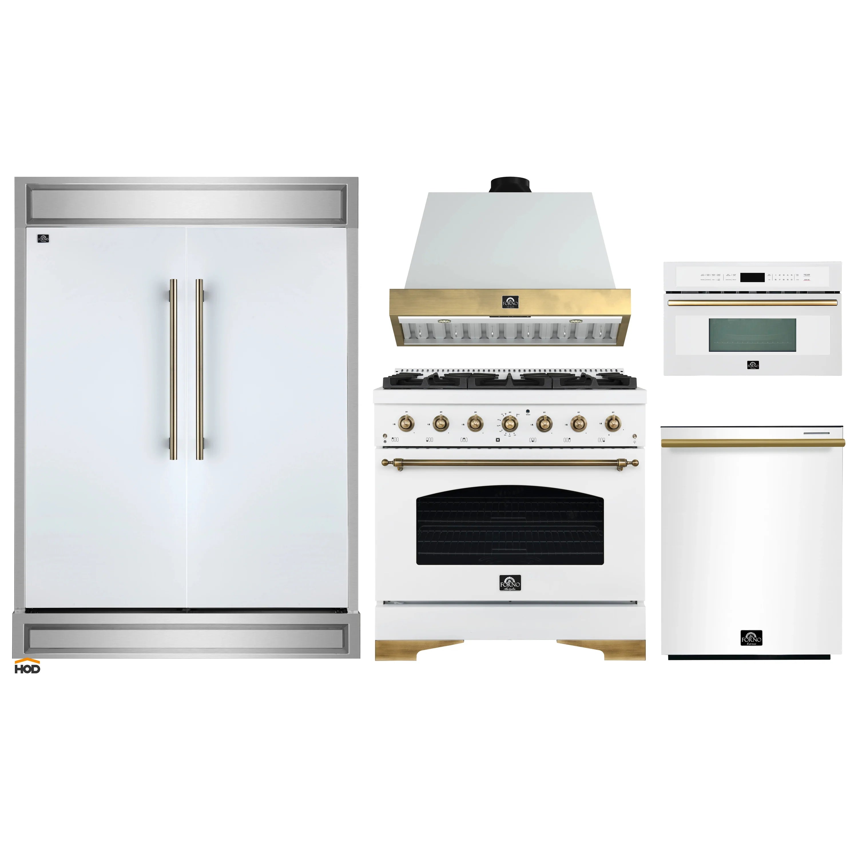 Kitchen appliance package: white refrigerator, range hood, range, and wall oven