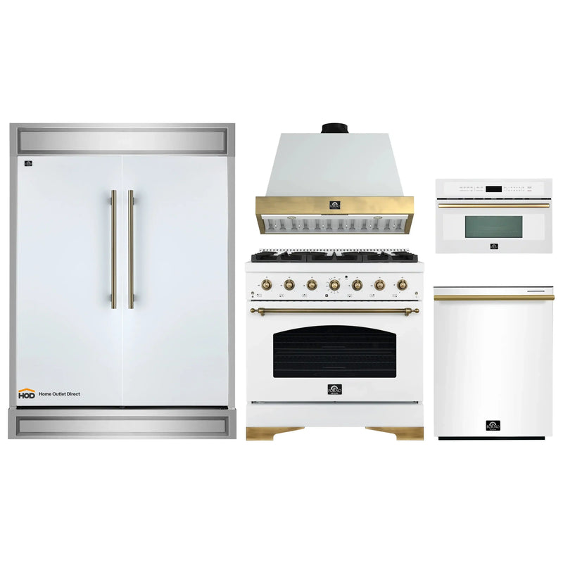 Forno 5-Piece Appliance Package - 36-Inch Antico Dual Fuel Range, Wall Mount Range Hood, 60-Inch Refrigerator, Dishwasher, & 30-Inch Microwave Oven in White with Antique Brass Handle