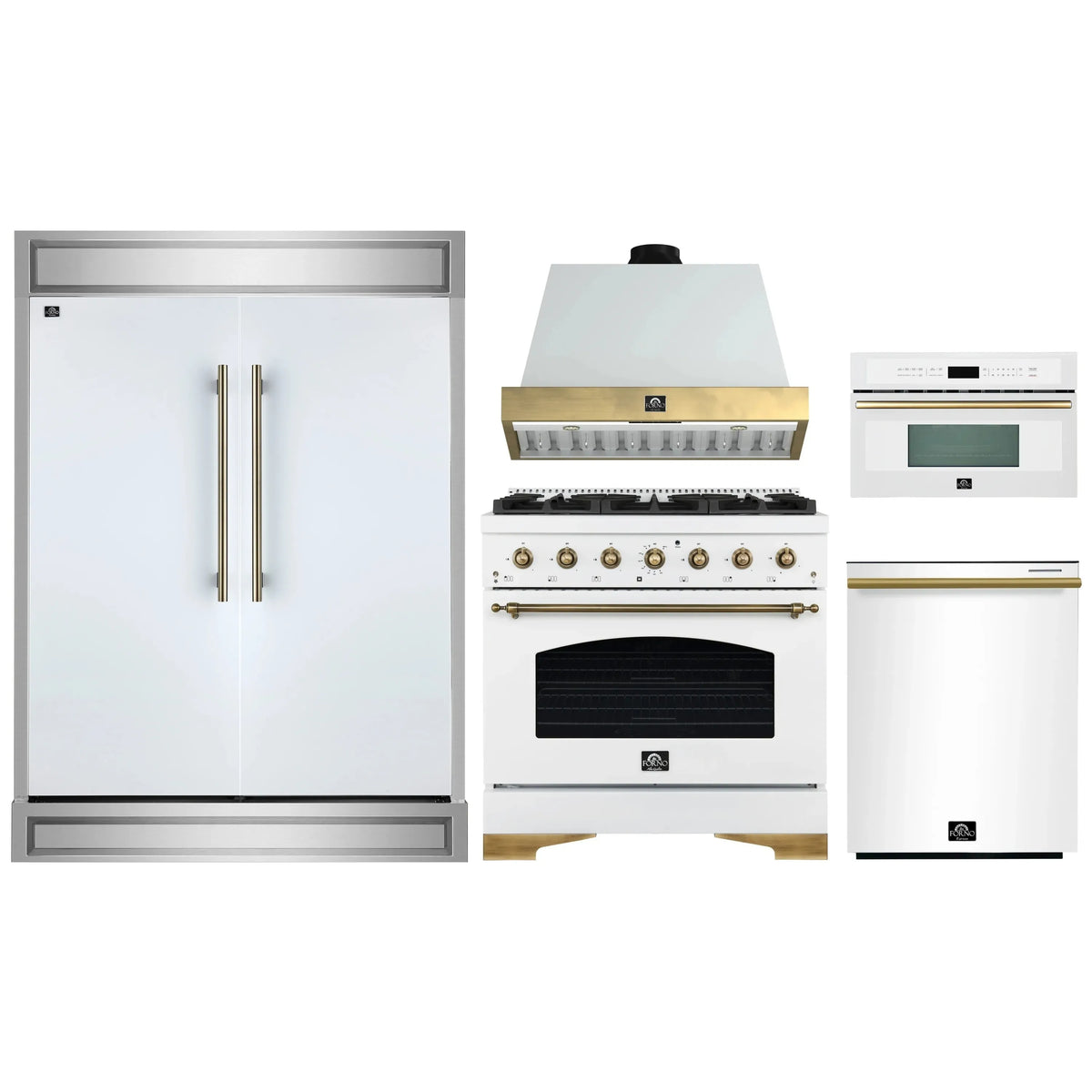 Forno 5-Piece Appliance Package - 36-Inch Antico Dual Fuel Range, Wall Mount Range Hood, 60-Inch Refrigerator, Dishwasher, & 30-Inch Microwave Oven in White with Antique Brass Trim
