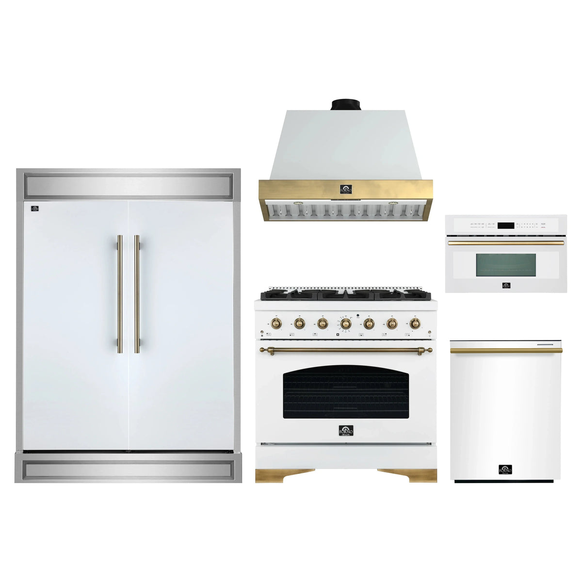 Forno 5-Piece Appliance Package - 36-Inch Antico Dual Fuel Range, Wall Mount Range Hood, 60-Inch Refrigerator, Dishwasher, & 30-Inch Microwave Oven in White with Antique Brass Trim