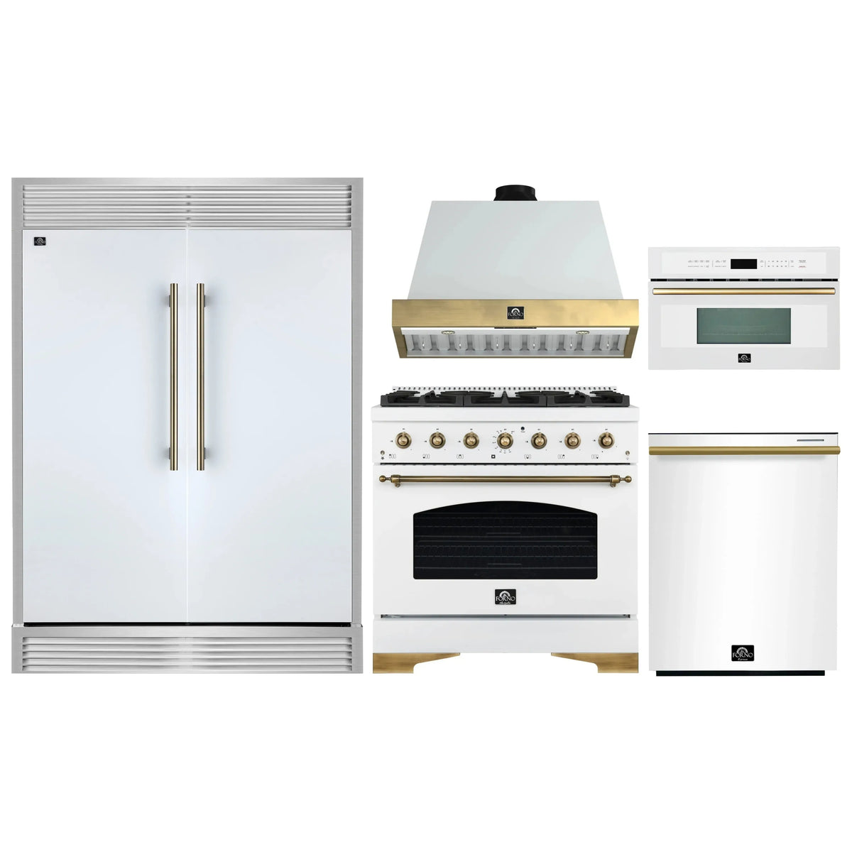 Forno 5-Piece Appliance Package - 36-Inch Antico Dual Fuel Range, Wall Mount Range Hood, 60-Inch Refrigerator, Dishwasher, & 30-Inch Microwave Oven in White with Antique Brass Trim