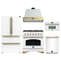 Forno Antico 5-Piece Appliance Package - 36-Inch Dual Fuel Range, 36-Inch Hood, 36-Inch Refrigerator, 24-Inch Dishwasher, & 30-Inch Microwave Oven in White with Antique Brass Trim