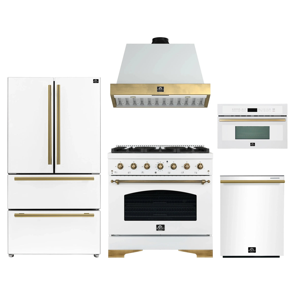 Forno Antico 5-Piece Appliance Package - 36-Inch Dual Fuel Range, 36-Inch Hood, 36-Inch Refrigerator, 24-Inch Dishwasher, & 30-Inch Microwave Oven in White with Antique Brass Trim