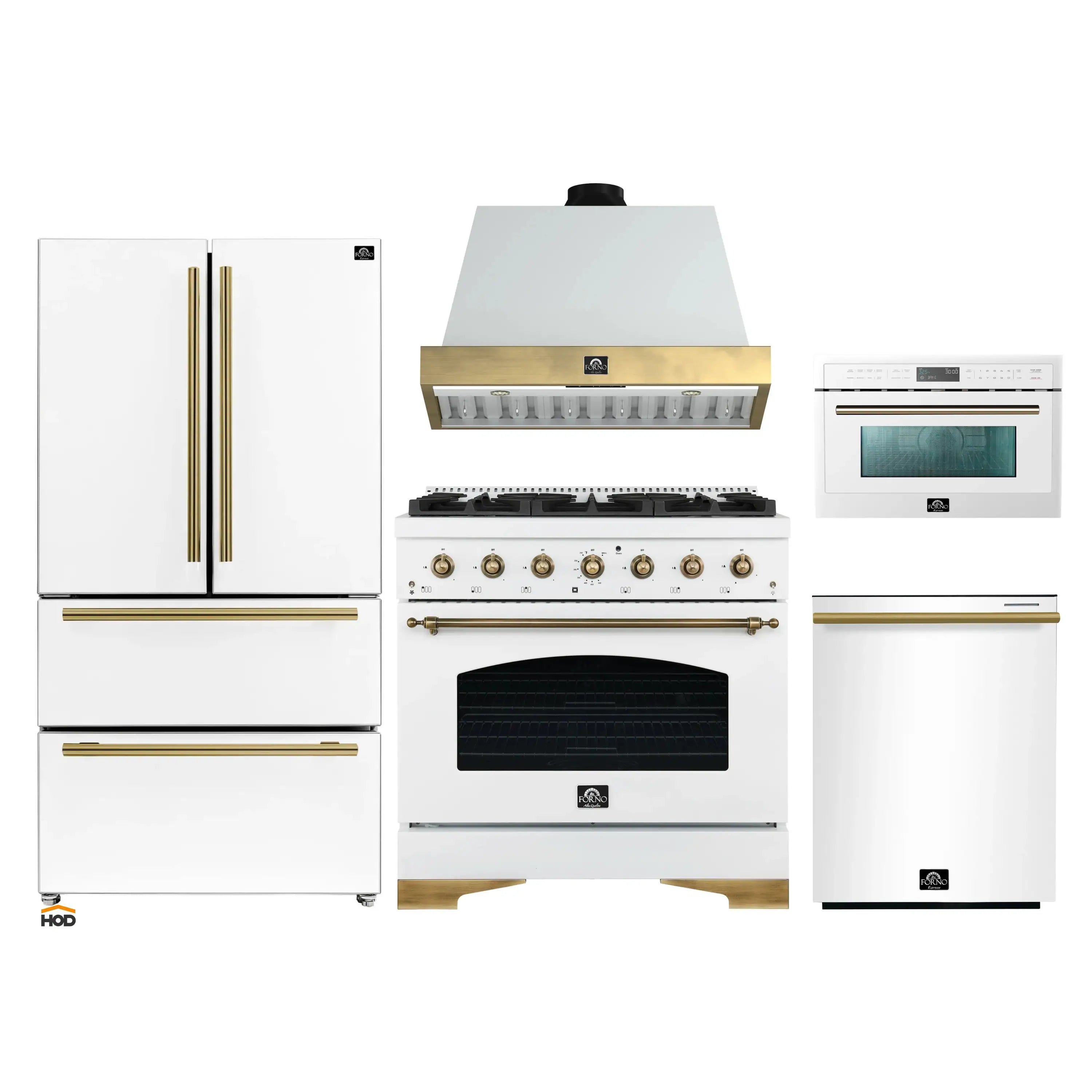 White appliance package with antique brass trim, showing range, hood, fridge, dishwasher, microwave