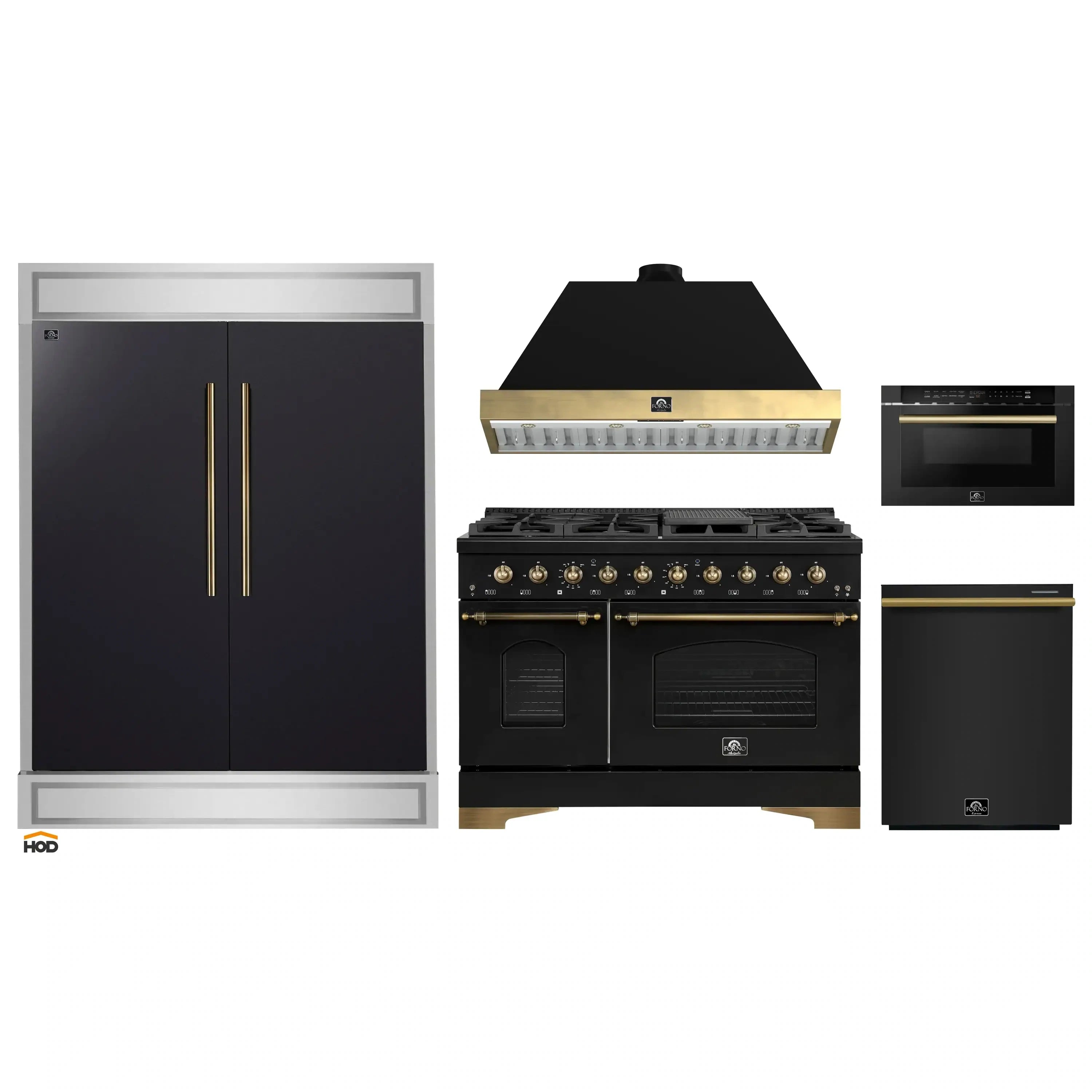 5-piece black appliance set with antique brass accents: range, microwave drawer, fridge, dishwasher