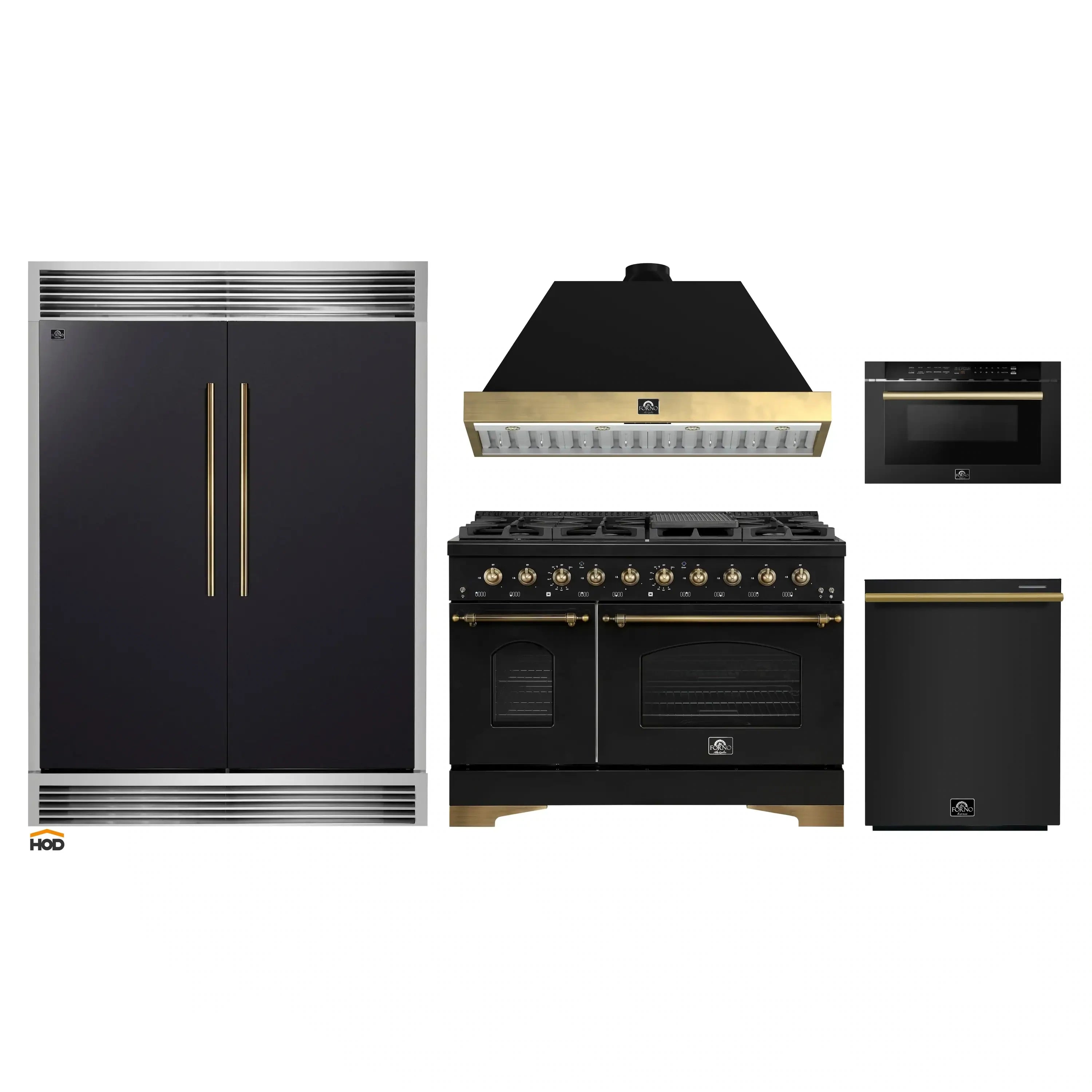 Set of black kitchen appliances: dual fuel range, refrigerator, dishwasher, microwave drawer