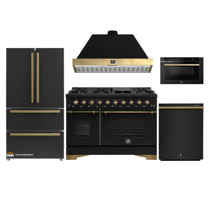 Forno Antico 5-Piece Appliance Package - 48-Inch Dual Fuel Range, 48-Inch Hood, 36-Inch Refrigerator, 24-Inch Dishwasher, & 24-Inch Microwave Drawer in Black with Antique Brass Trim