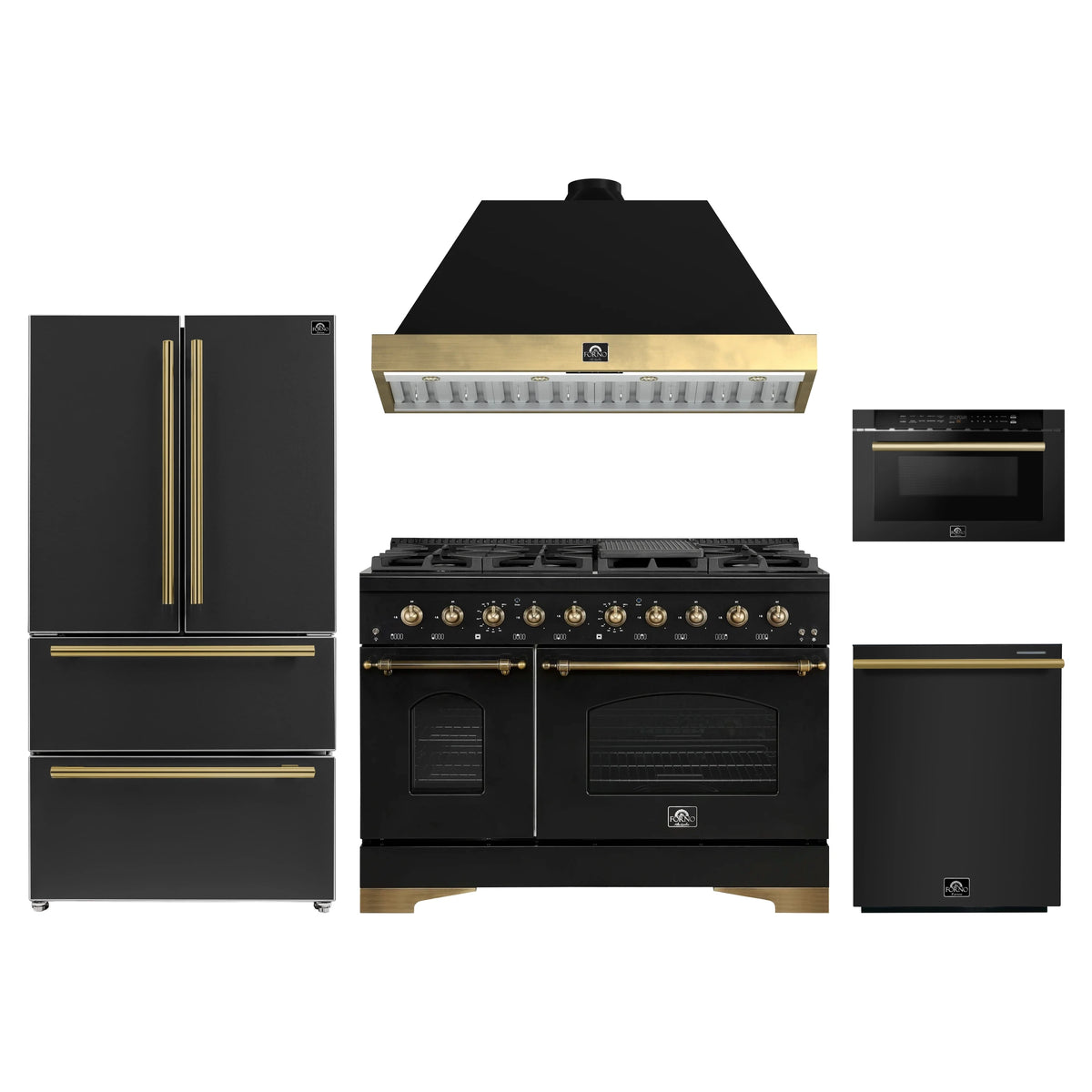 Forno Antico 5-Piece Appliance Package - 48-Inch Dual Fuel Range, 48-Inch Hood, 36-Inch Refrigerator, 24-Inch Dishwasher, & 24-Inch Microwave Drawer in Black with Antique Brass Trim