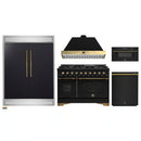 Forno 5-Piece Appliance Package - 48-Inch Dual Fuel Range, 60-Inch Convertible Refrigerator with Modern Trim, Dishwasher, and 30-Inch Microwave Drawer in Black with Antique Brass Handle