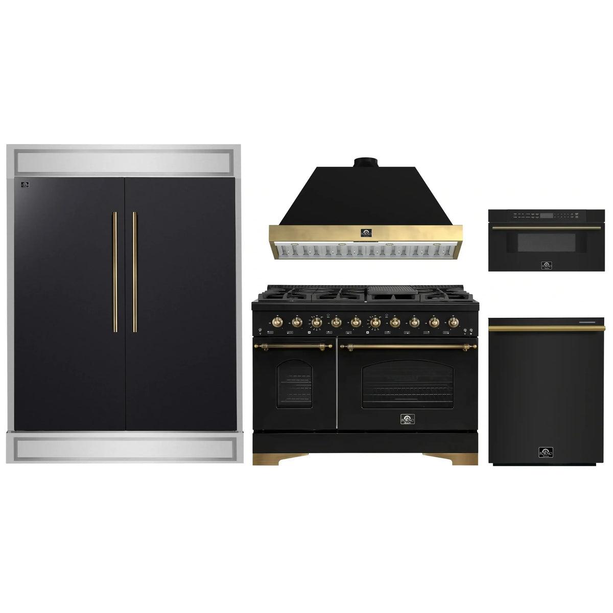 Forno 5-Piece Appliance Package - 48-Inch Dual Fuel Range, Hood, 60-Inch Convertible Refrigerator with Modern Trim, Dishwasher, and 30-Inch Microwave Drawer in Black with Antique Brass Trim