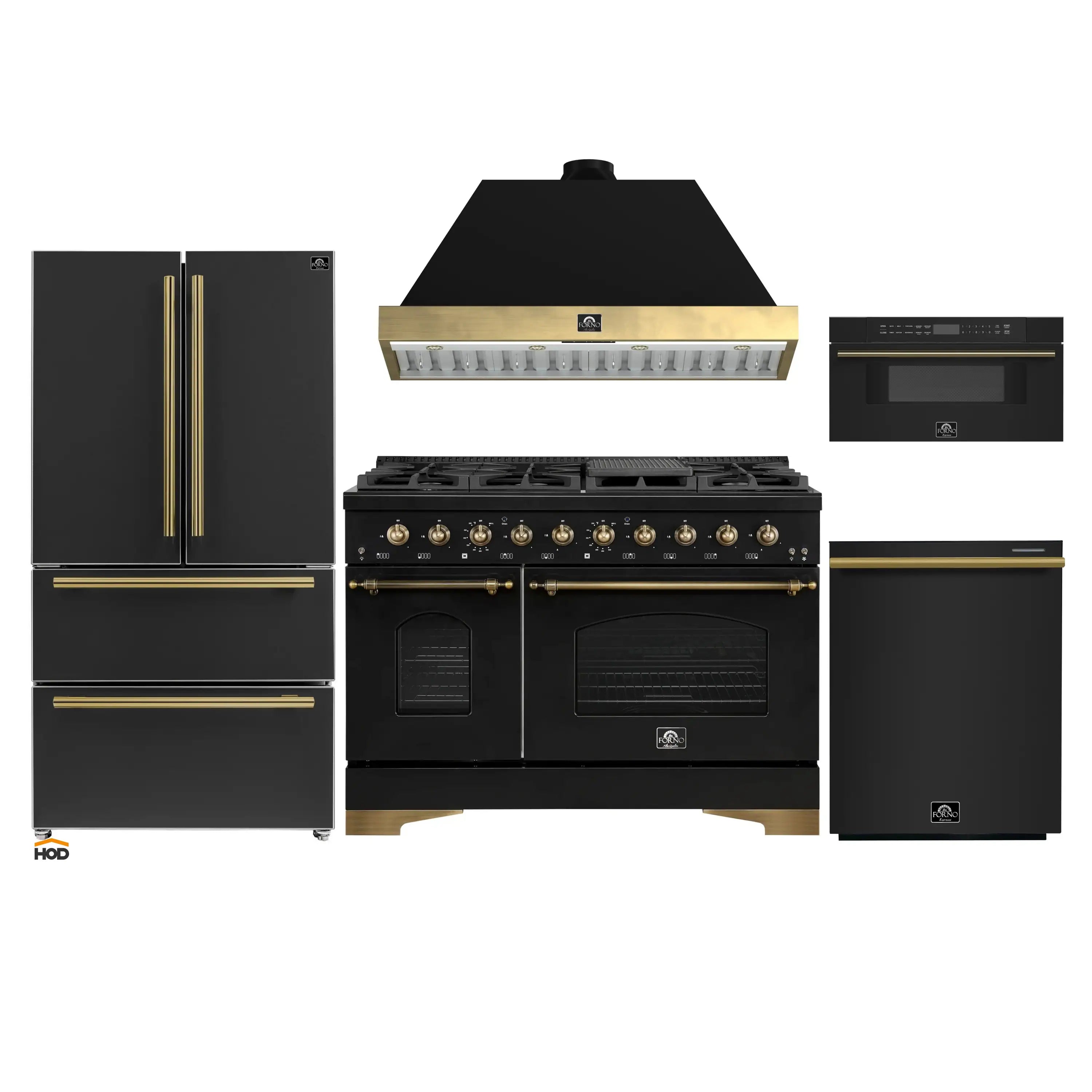 Black kitchen appliance set with range, hood, refrigerator, dishwasher, and microwave drawer