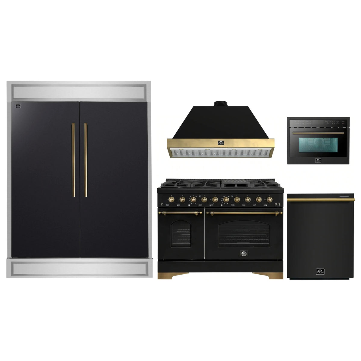 Forno 5-Piece Appliance Package - 48-Inch Dual Fuel Range, Hood, 60-Inch Convertible Refrigerator with Modern Trim, Dishwasher, and 24-Inch Microwave Oven in Black with Antique Brass Trim