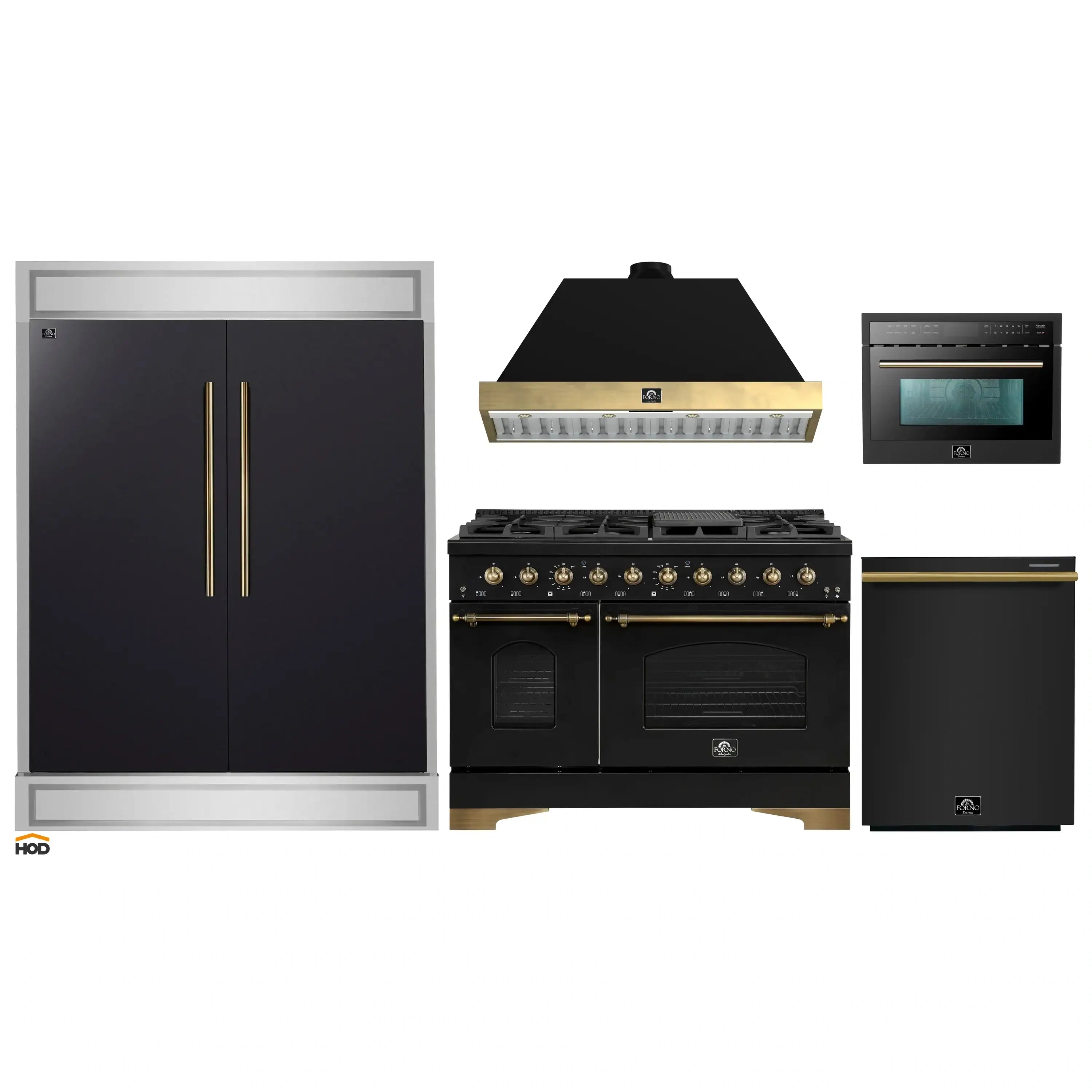 Black appliance package set with dual fuel range, refrigerator, and microwave oven