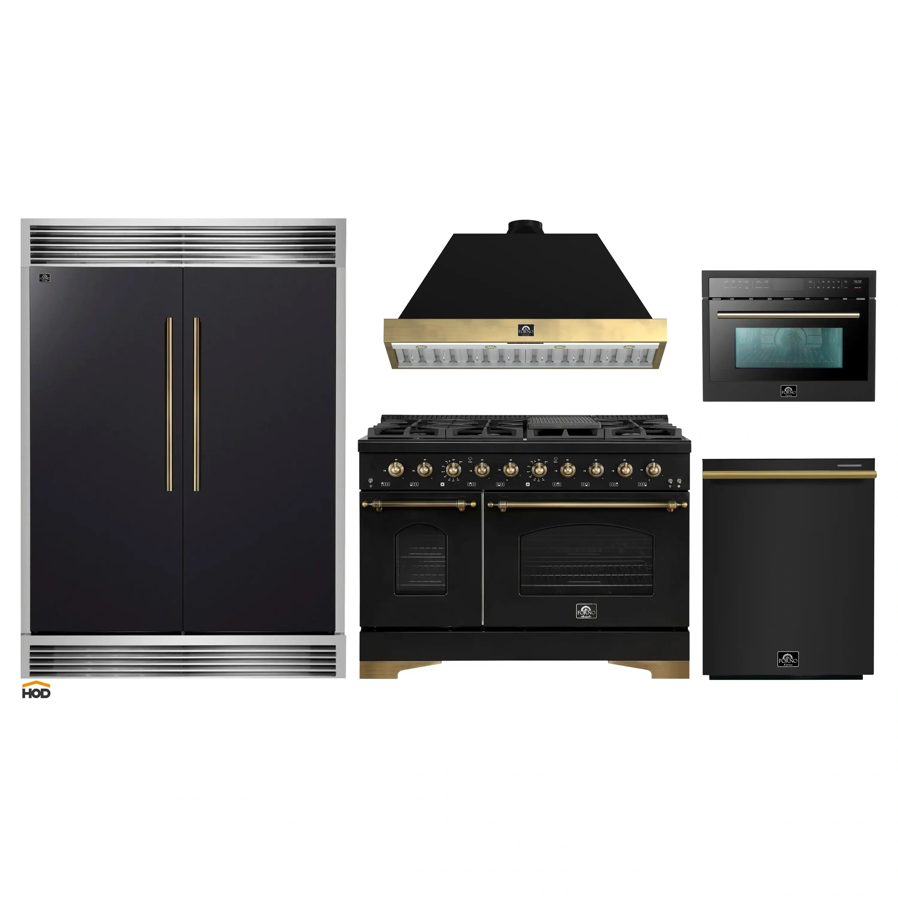 Black 5-piece kitchen appliance package with antique brass accents and range