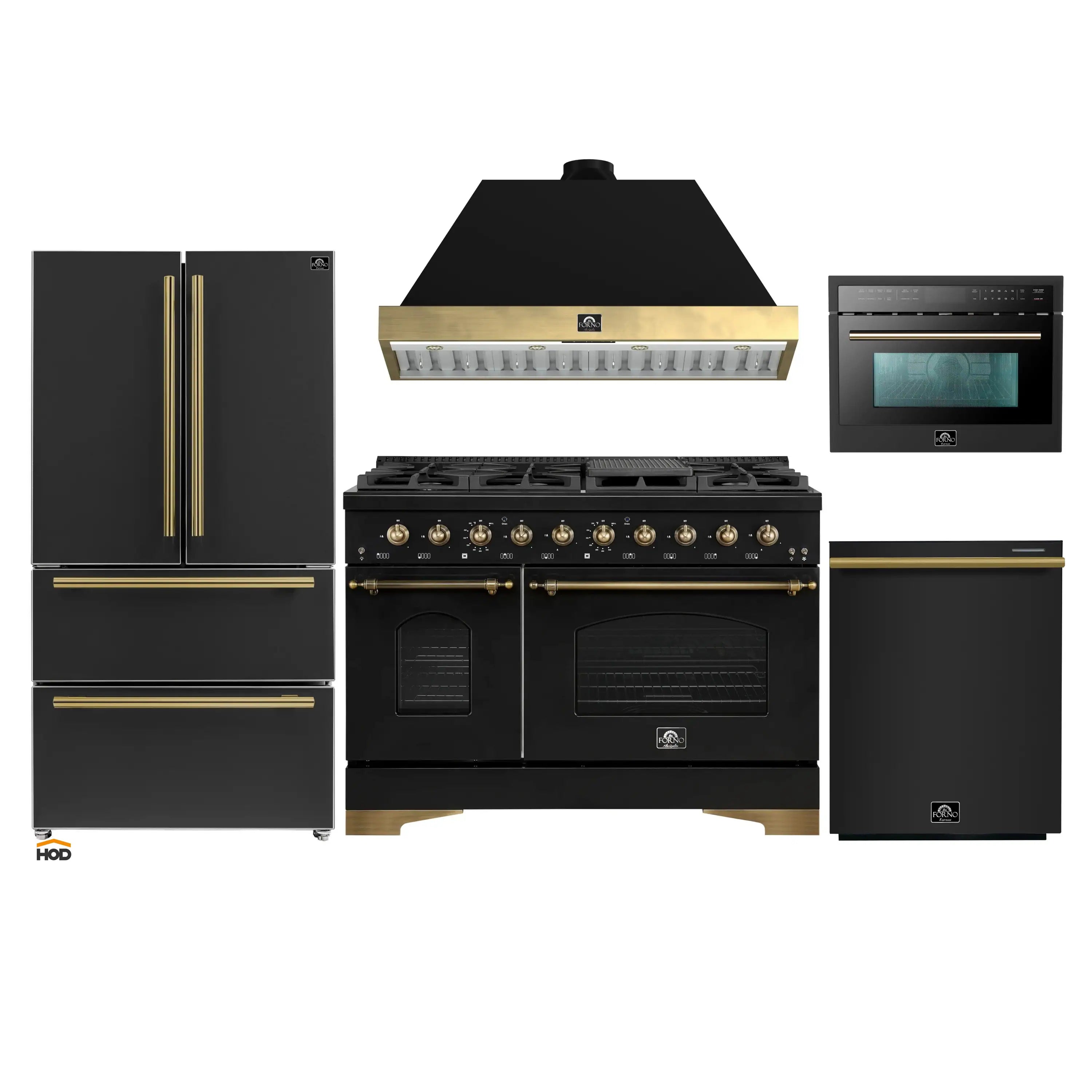 Black appliance package with brass trim, including range, hood, refrigerator, microwave, and dishwasher