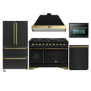 Forno Antico 5-Piece Appliance Package - 48-Inch Dual Fuel Range, 48-Inch Hood, 36-Inch Refrigerator, 24-Inch Dishwasher, & 24-Inch Microwave Oven in Black with Antique Brass Trim