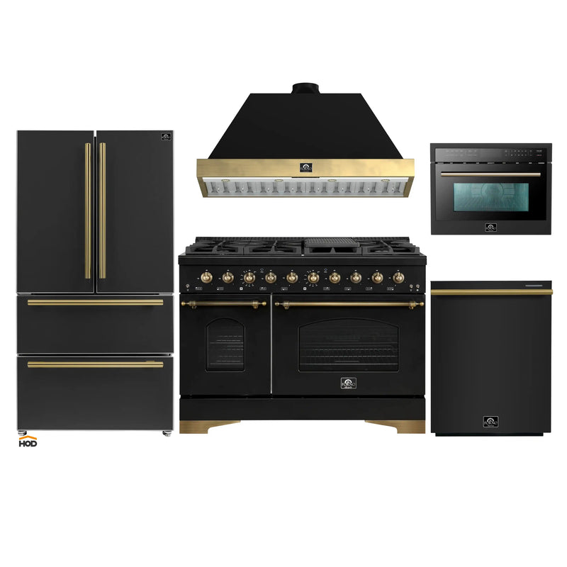 Forno Antico 5-Piece Appliance Package - 48-Inch Dual Fuel Range, 48-Inch Hood, 36-Inch Refrigerator, 24-Inch Dishwasher, & 24-Inch Microwave Oven in Black with Antique Brass Trim