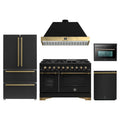 Forno Antico 5-Piece Appliance Package - 48-Inch Dual Fuel Range, 48-Inch Hood, 36-Inch Refrigerator, 24-Inch Dishwasher, & 24-Inch Microwave Oven in Black with Antique Brass Trim