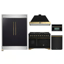 Forno 5-Piece Appliance Package - 48-Inch Dual Fuel Range, 60-Inch Convertible Refrigerator with Modern Trim, Dishwasher, and 30-Inch Microwave Oven in Black with Antique Brass Handle