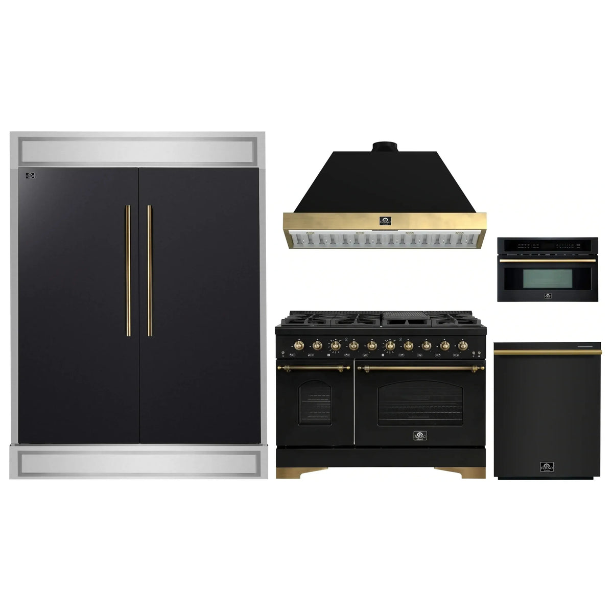 Forno 5-Piece Appliance Package - 48-Inch Dual Fuel Range, Hood, 60-Inch Convertible Refrigerator with Modern Trim, Dishwasher, and 30-Inch Microwave Oven in Black with Antique Brass Trim