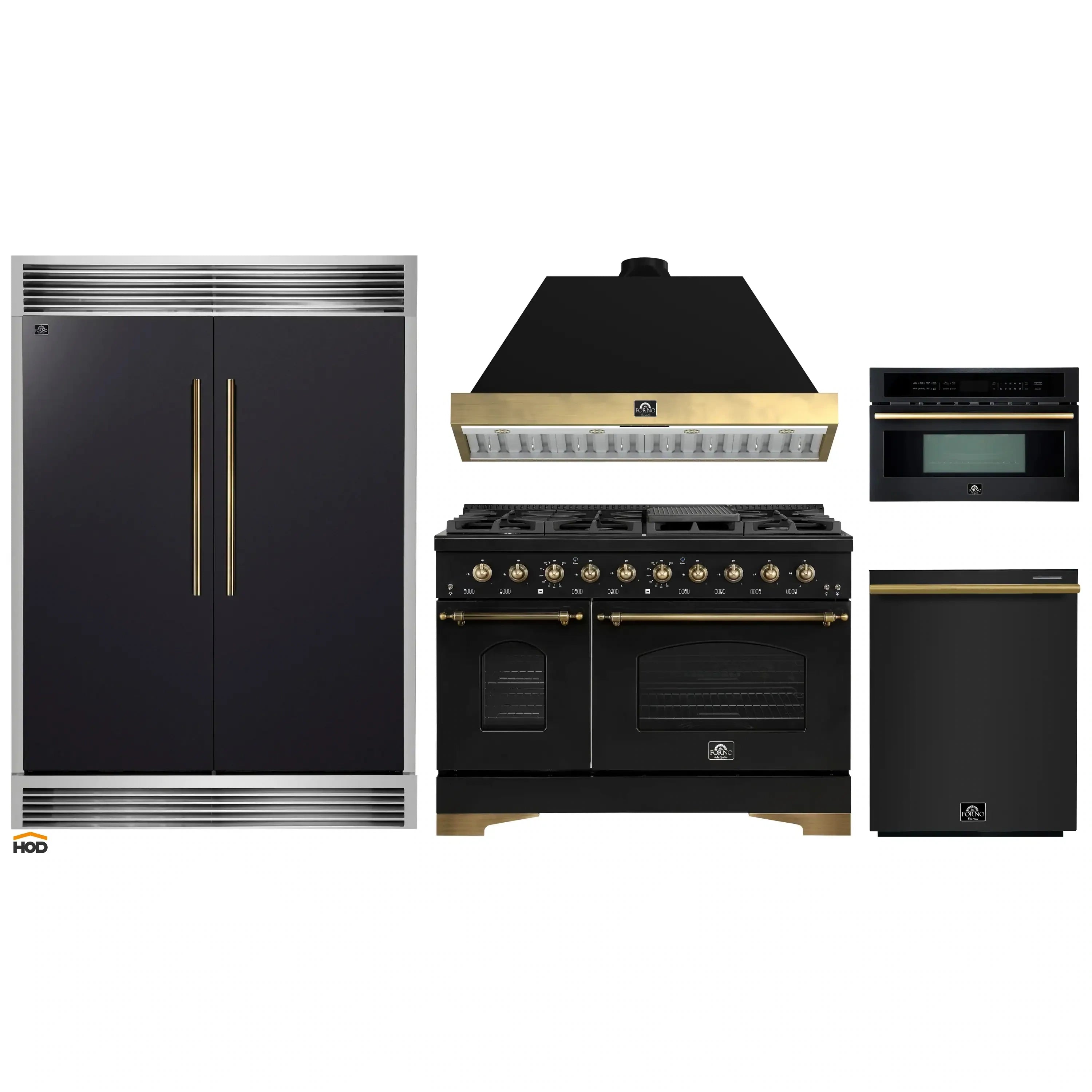 Forno black appliance package showing range, hood, refrigerator, microwave, and dishwasher