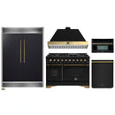 Forno 5-Piece Appliance Package - 48-Inch Dual Fuel Range, 60-Inch Convertible Refrigerator with Modern Grille Trim, Dishwasher, and 30-Inch Microwave Oven in Black with Antique Brass Handle