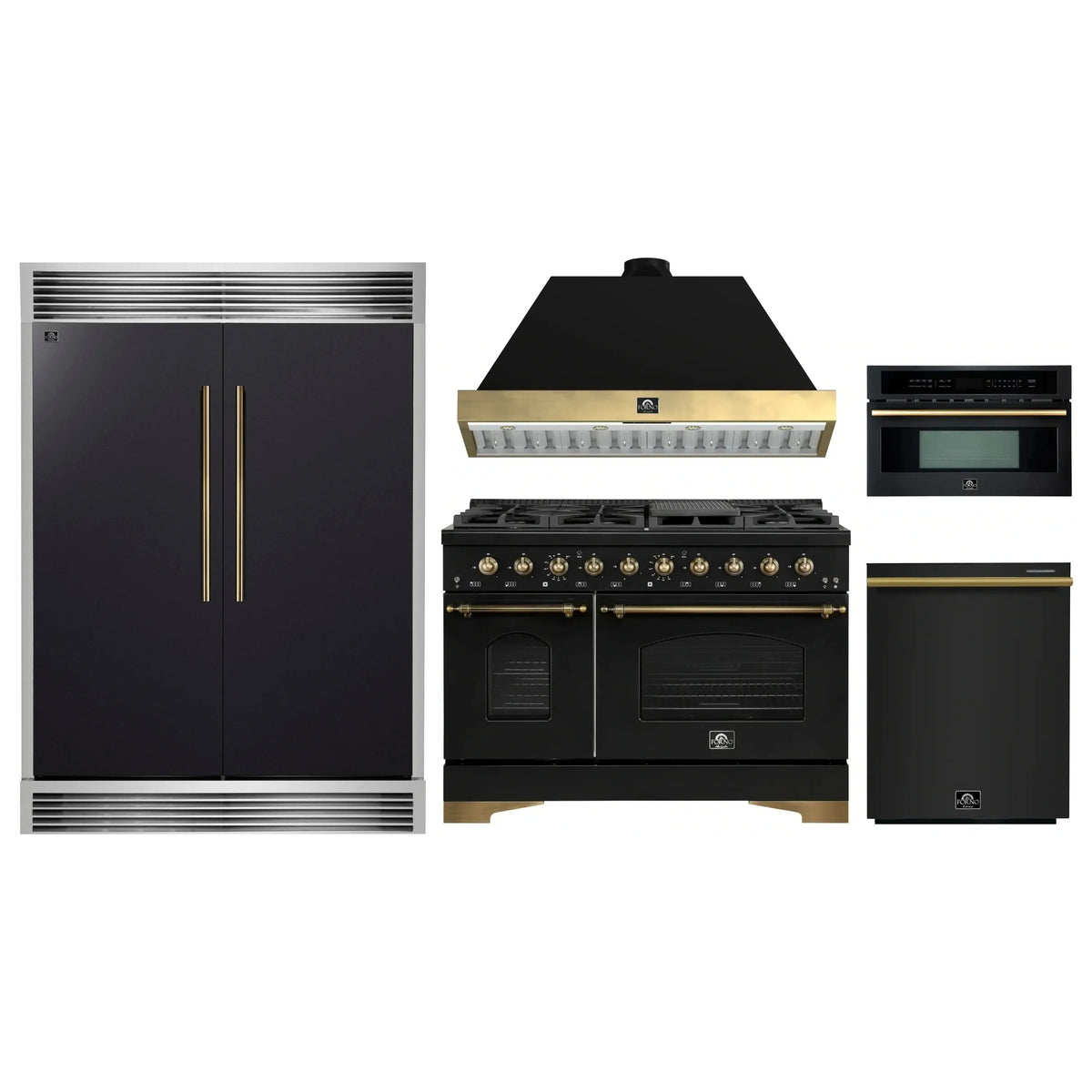 Forno 5-Piece Appliance Package - 48-Inch Dual Fuel Range, Hood, 60-Inch Convertible Refrigerator with Modern Grille Trim, Dishwasher, and 30-Inch Microwave Oven in Black with Antique Brass Trim