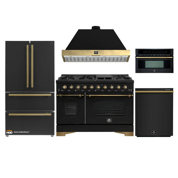 Forno Antico 5-Piece Appliance Package - 48-Inch Dual Fuel Range, 48-Inch Hood, 36-Inch Refrigerator, 24-Inch Dishwasher, & 30-Inch Microwave Oven in Black with Antique Brass Trim