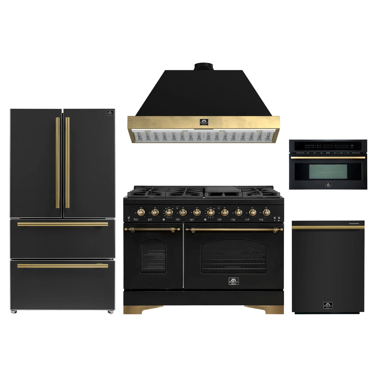 Forno Antico 5-Piece Appliance Package - 48-Inch Dual Fuel Range, 48-Inch Hood, 36-Inch Refrigerator, 24-Inch Dishwasher, & 30-Inch Microwave Oven in Black with Antique Brass Trim