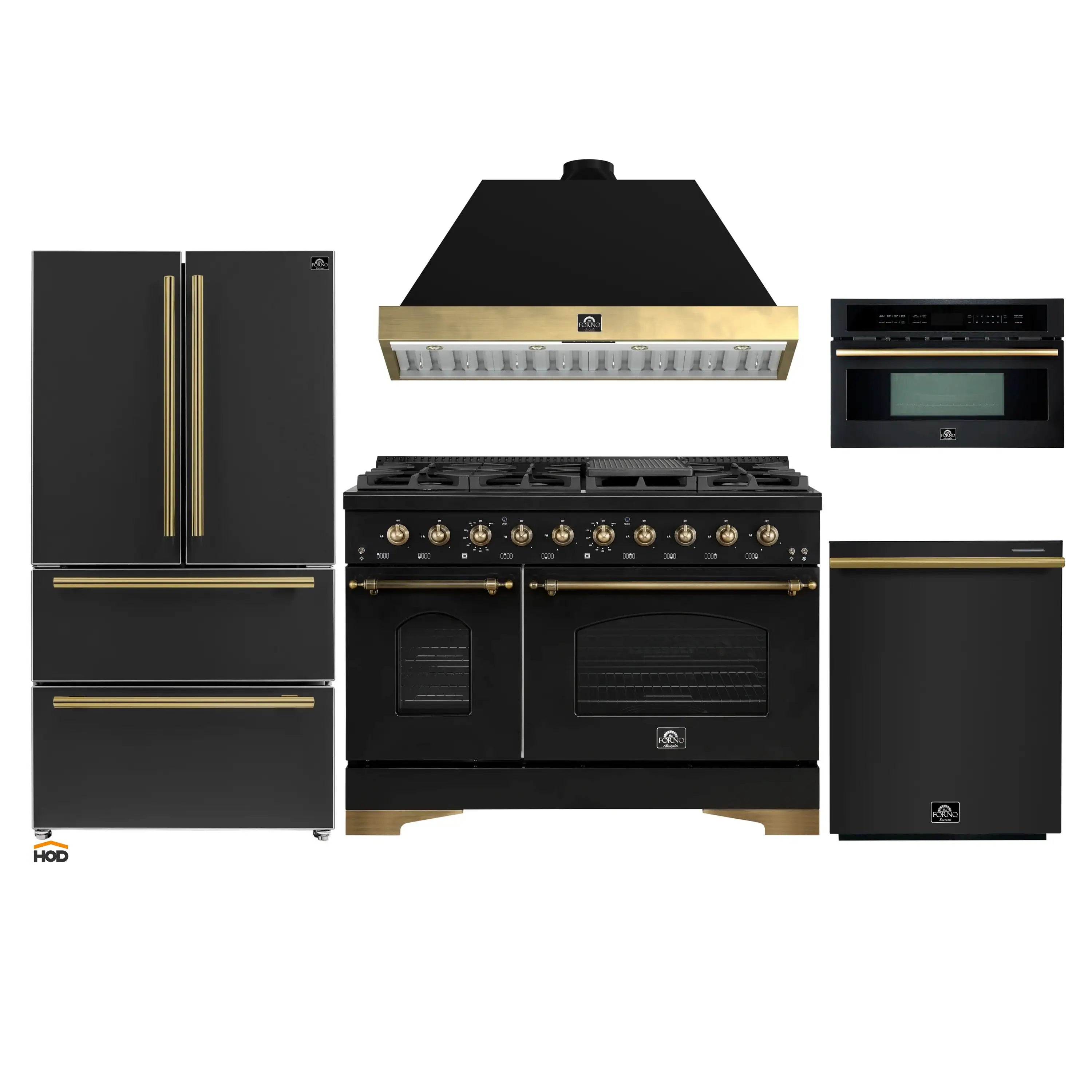 Black appliance package with range, hood, microwave, dishwasher, and refrigerator shown