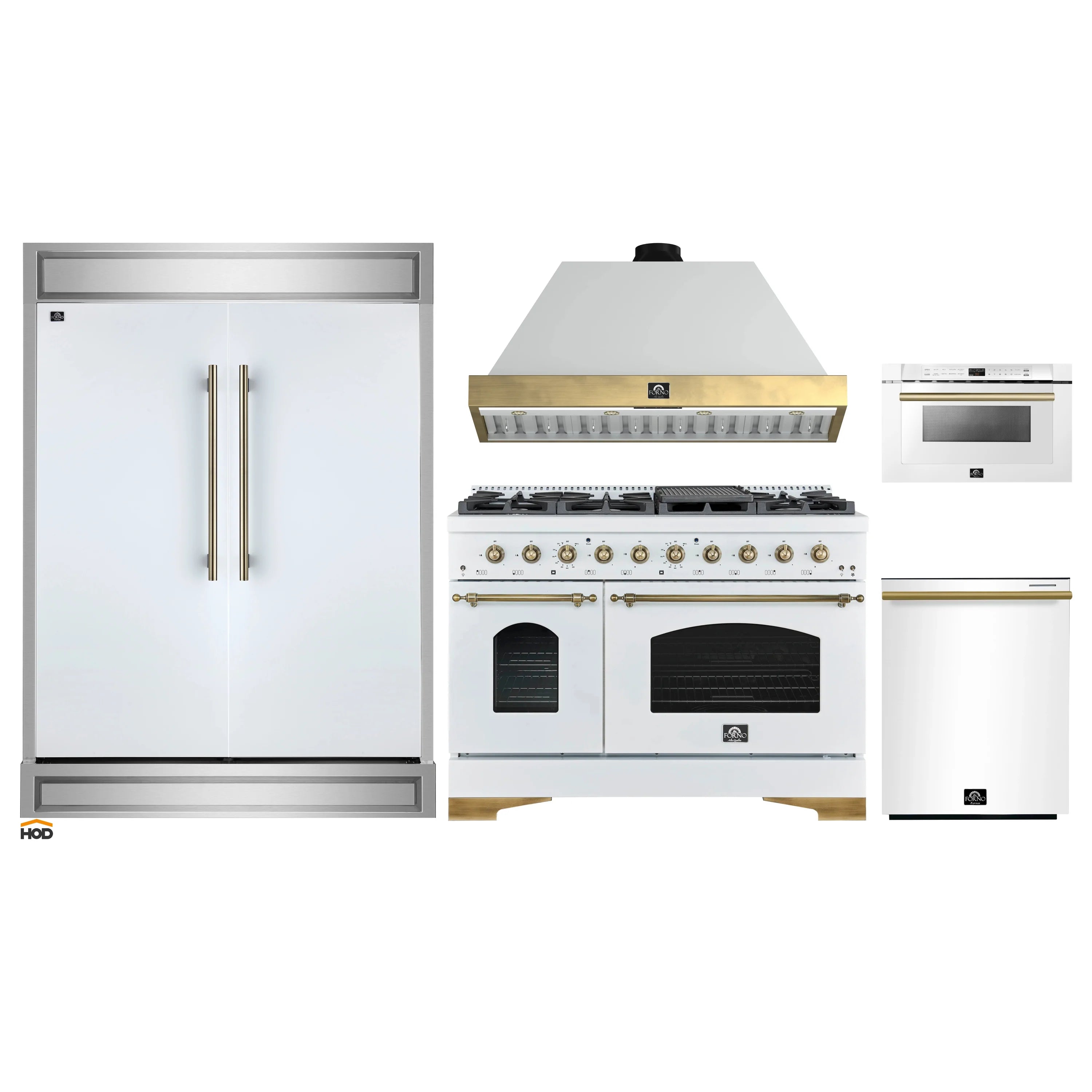 White 5-piece kitchen appliance set with antique brass handles: fridge, range, hood, microwave