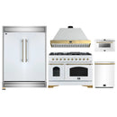 Forno 5-Piece Appliance Package - 48-Inch Dual Fuel Range, Wall Mount Range Hood, 60-Inch Refrigerator, Dishwasher, & 24-Inch Microwave Drawer in White with Antique Brass Handle