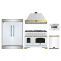 Forno 5-Piece Appliance Package - 48-Inch Antico Dual Fuel Range, Wall Mount Range Hood, 60-Inch Refrigerator, Dishwasher, & 24-Inch Microwave Drawer in White with Antique Brass Trim