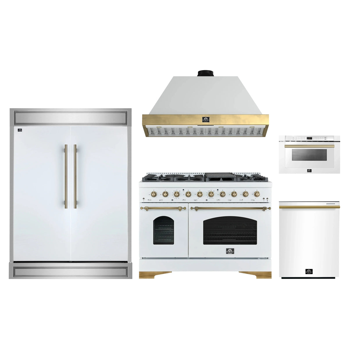 Forno 5-Piece Appliance Package - 48-Inch Dual Fuel Range, Wall Mount Range Hood, 60-Inch Refrigerator, Dishwasher, & 24-Inch Microwave Drawer in White with Antique Brass Trim