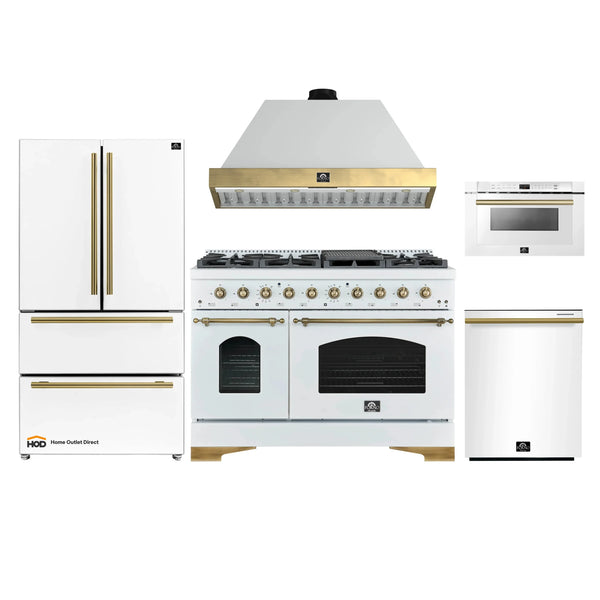 Forno Antico 5-Piece Appliance Package - 48-Inch Dual Fuel Range, 48-Inch Hood, 36-Inch Refrigerator, 24-Inch Dishwasher, & 24-Inch Microwave Drawer in White with Antique Brass Trim
