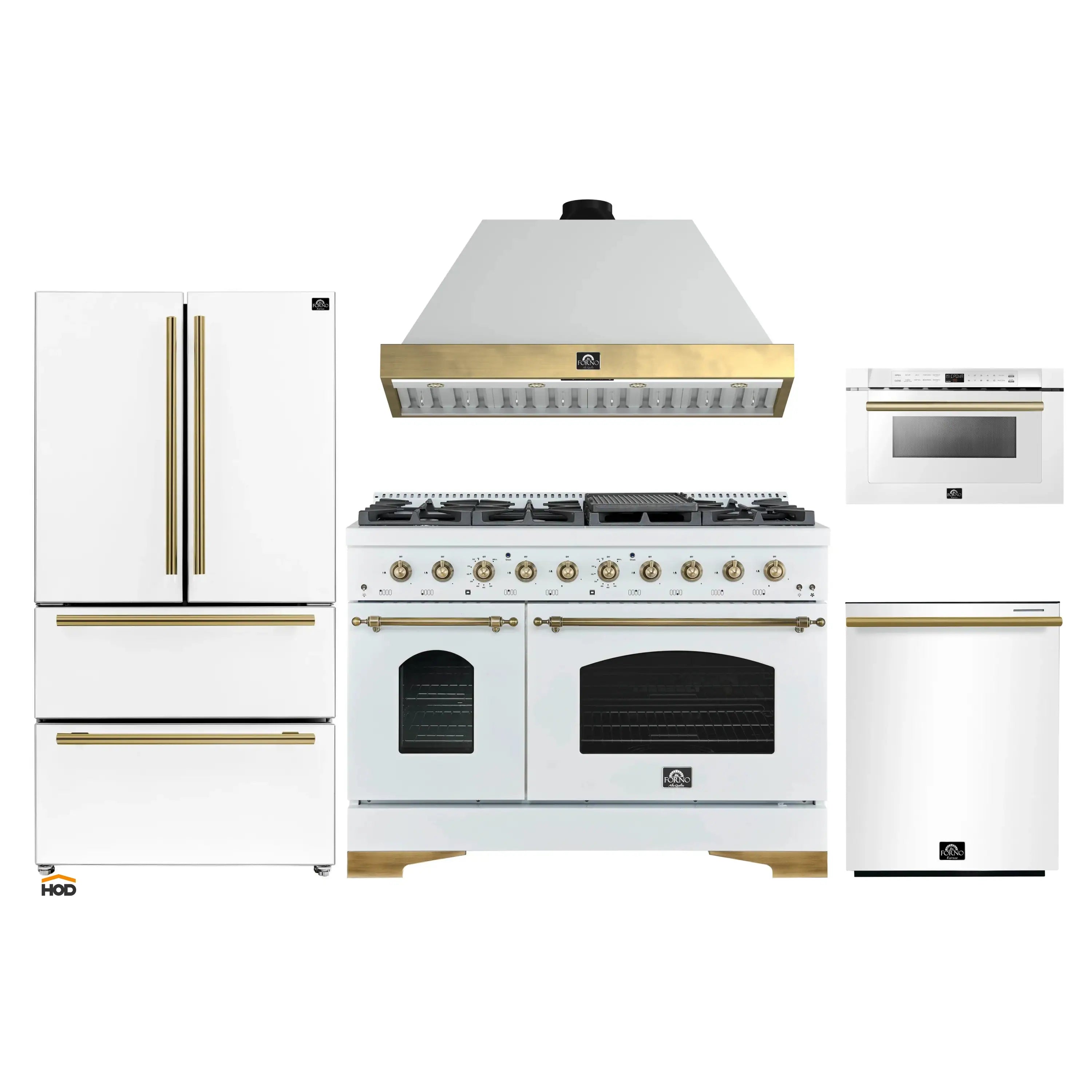 White kitchen appliance set with dual-fuel range, hood, microwave drawer, and refrigerator