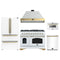 Forno Antico 5-Piece Appliance Package - 48-Inch Dual Fuel Range, 48-Inch Hood, 36-Inch Refrigerator, 24-Inch Dishwasher, & 24-Inch Microwave Drawer in White with Antique Brass Trim