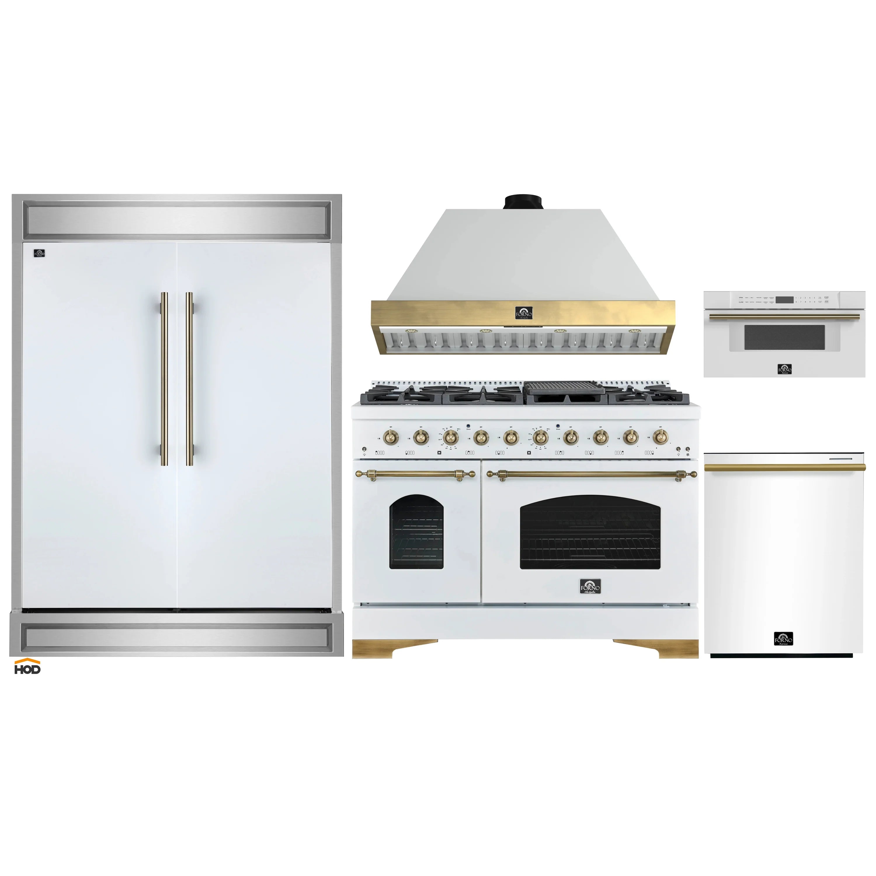 White appliance package with range, range hood, refrigerator, and microwave drawer