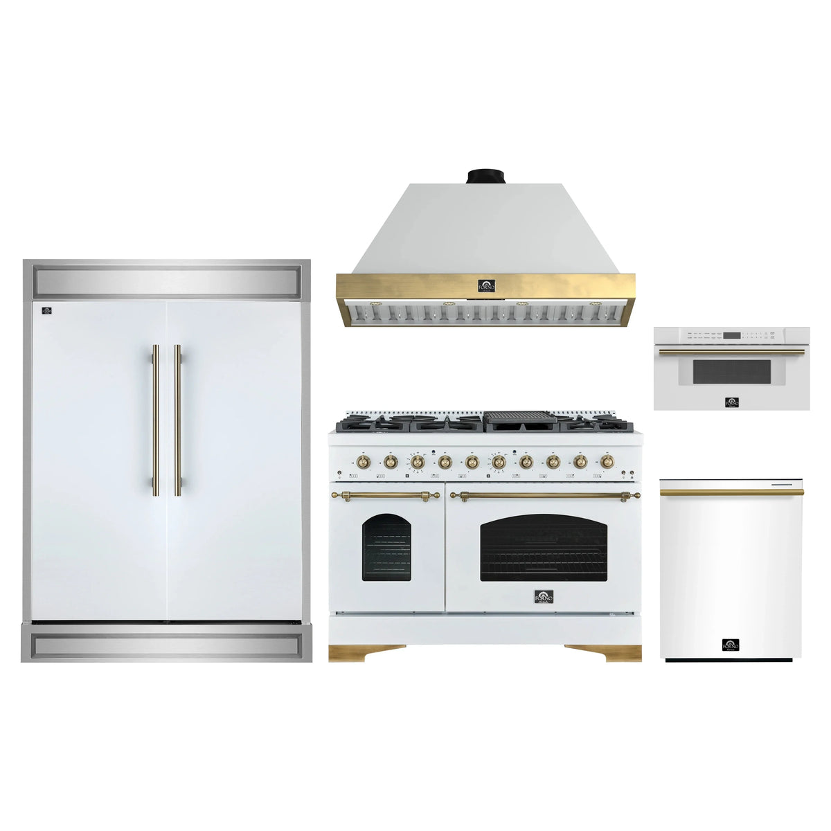 Forno 5-Piece Appliance Package - 48-Inch Antico Dual Fuel Range, Wall Mount Range Hood, 60-Inch Refrigerator, Dishwasher, & 30-Inch Microwave Drawer in White with Antique Brass Trim