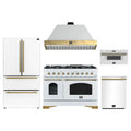 Forno Antico 5-Piece Appliance Package - 48-Inch Dual Fuel Range, 48-Inch Hood, 36-Inch Refrigerator, 24-Inch Dishwasher, & 30-Inch Microwave Drawer in White with Antique Brass Trim