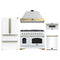 Forno Antico 5-Piece Appliance Package - 48-Inch Dual Fuel Range, 48-Inch Hood, 36-Inch Refrigerator, 24-Inch Dishwasher, & 30-Inch Microwave Drawer in White with Antique Brass Trim