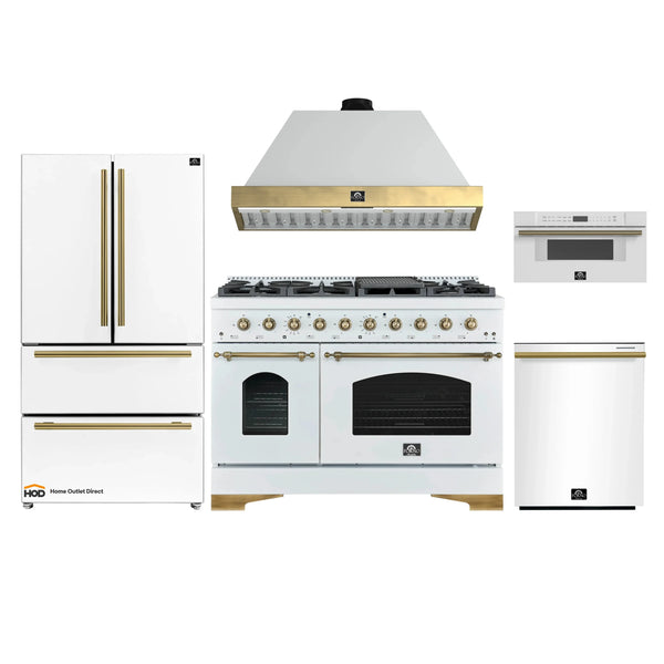 Forno Antico 5-Piece Appliance Package - 48-Inch Dual Fuel Range, 48-Inch Hood, 36-Inch Refrigerator, 24-Inch Dishwasher, & 30-Inch Microwave Drawer in White with Antique Brass Trim