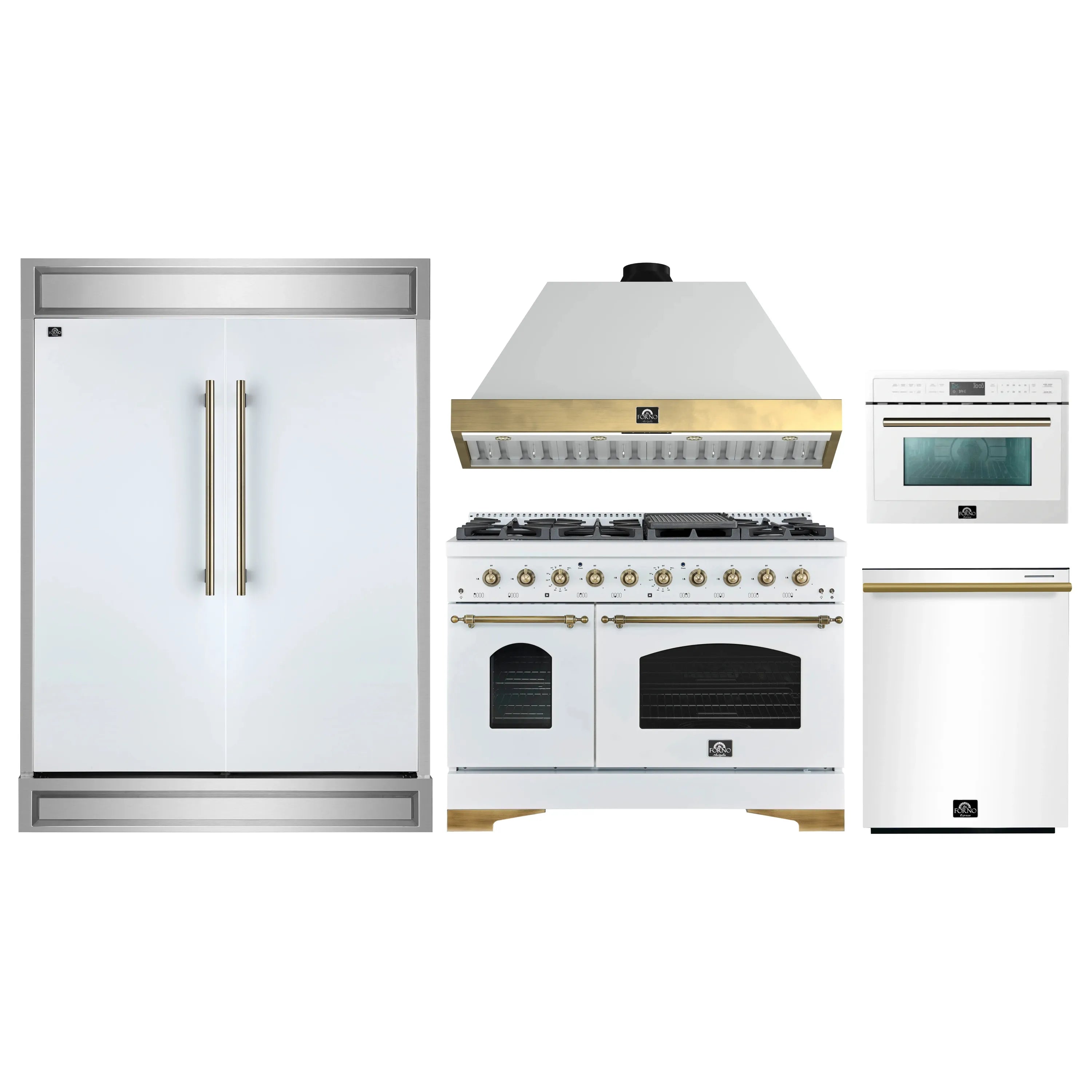 White 5-piece appliance package: dual fuel range with hood, refrigerator and microwave