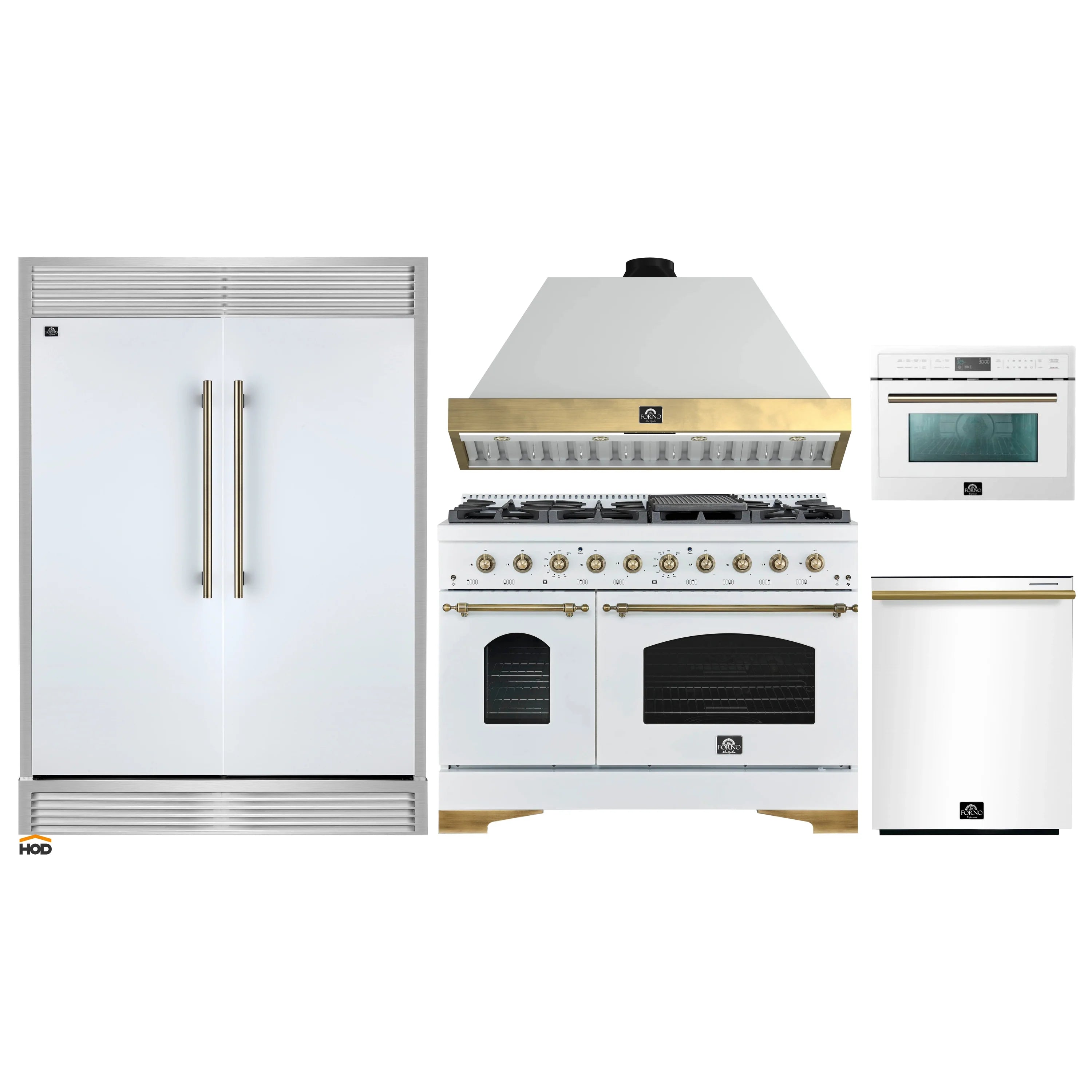 White kitchen appliance package with range, refrigerator, microwave, and brass range hood