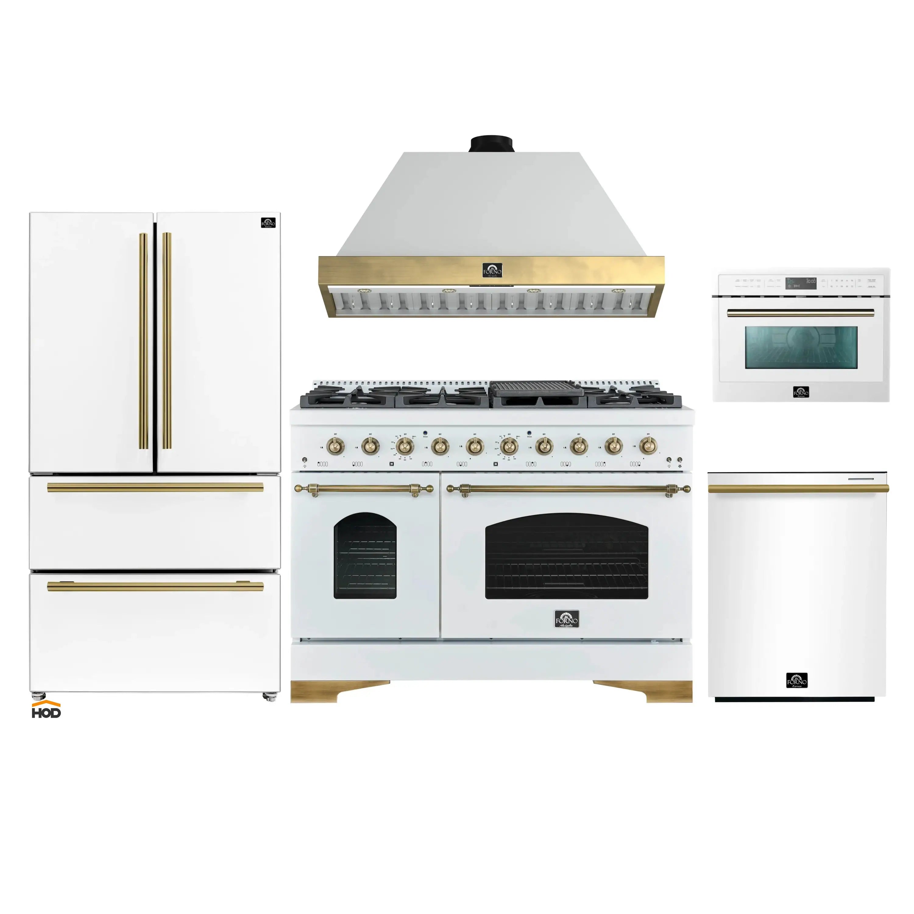 White appliance package with antique brass trim: refrigerator, range, hood, dishwasher, microwave/oven