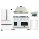 Forno Antico 5-Piece Appliance Package - 48-Inch Dual Fuel Range, 48-Inch Hood, 36-Inch Refrigerator, 24-Inch Dishwasher, & 24-Inch Microwave Oven in White with Antique Brass Trim