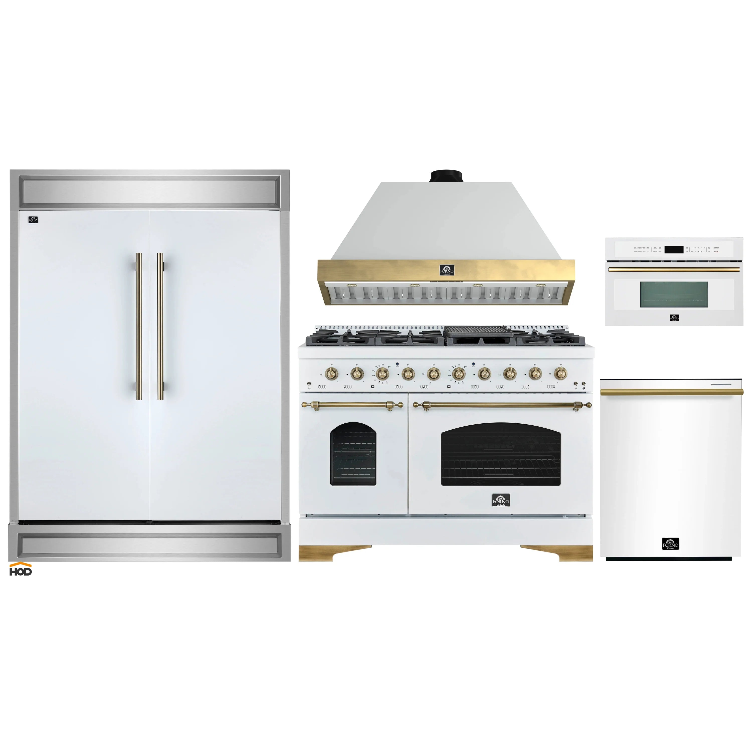White appliance package: dual fuel range, wall hood, refrigerator, dishwasher, and microwave