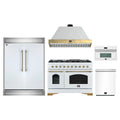Forno 5-Piece Appliance Package - 48-Inch Antico Dual Fuel Range, Wall Mount Range Hood, 60-Inch Refrigerator, Dishwasher, & 30-Inch Microwave Oven in White with Antique Brass Trim