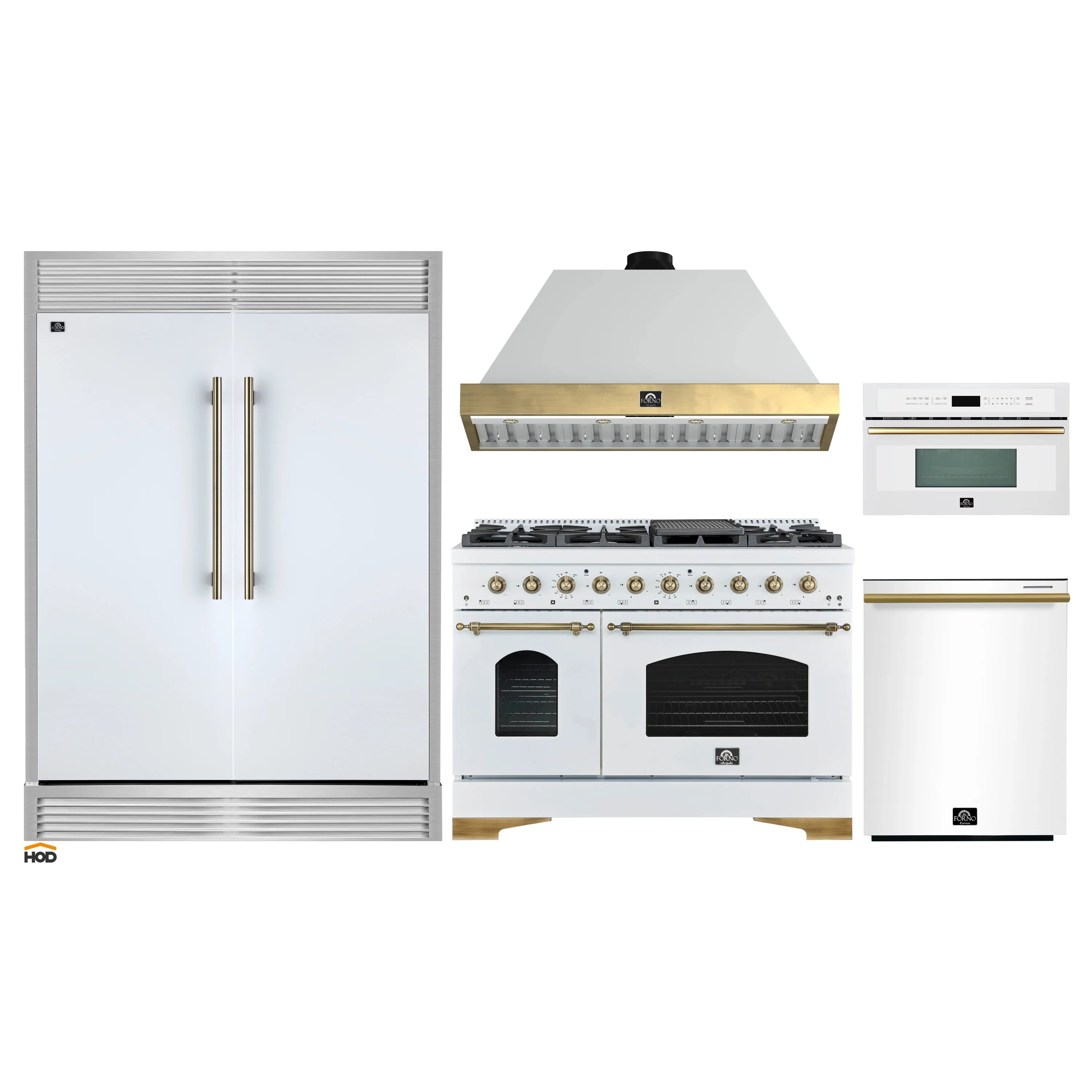 White appliance package: refrigerator, dual fuel range, hood, microwave, brass handles