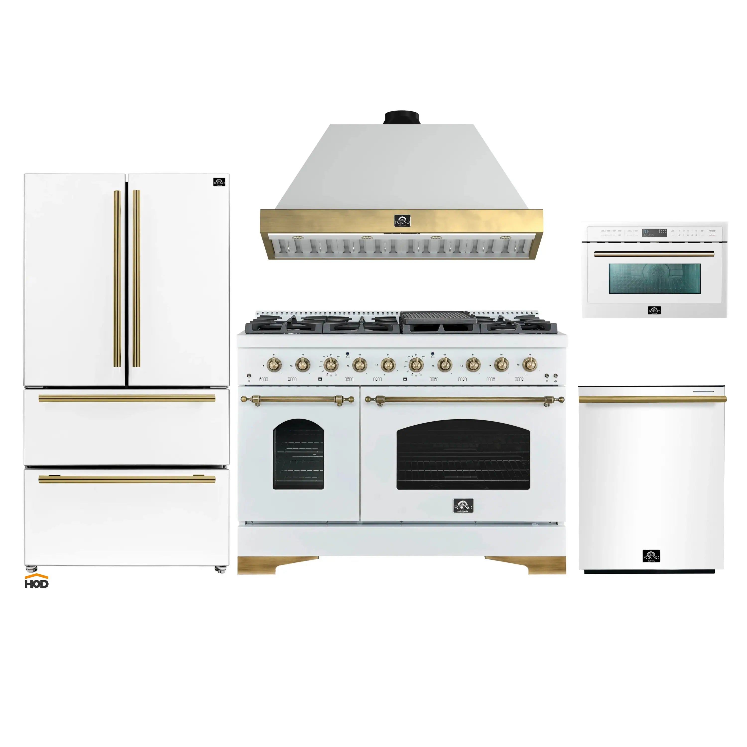 Forno Antico appliance package: white range with brass trim, hood, refrigerator, microwave, dishwasher